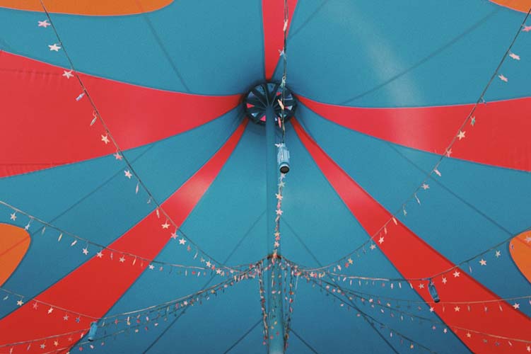red and blue circus tent ceiling