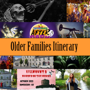 Collage of photographs including a skeleton, Tayto Park After Dark event advert, Kells Courthouse, Headfort Arms Hotel, A masked creature standing in a field of corn, a viking on a boat, with the text 'Older Families Itineraries' written on top