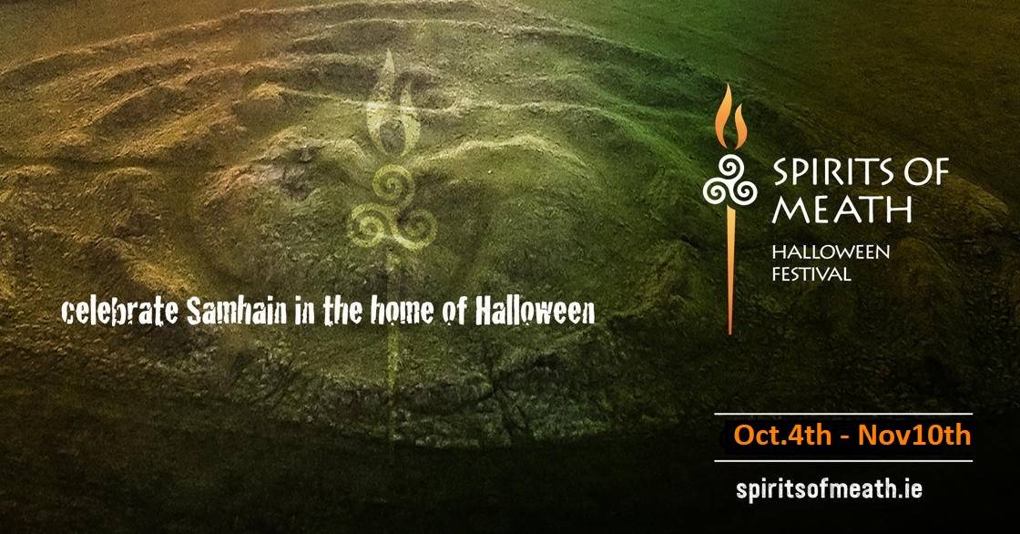 ariel view of the hill of tara with the spirits of meath festival logo overlaid. Celebrate samhain in the home of halloween. October 4th to November 10th